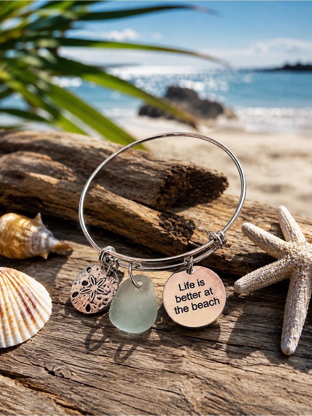 New! Life Is Better at the Beach Charm Bangle - Silver with Sea Glass Accent